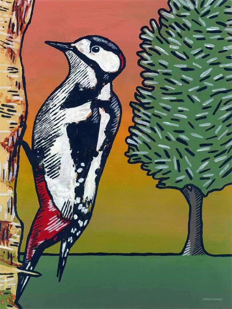 Painting of a Great Spotted Woodpecker