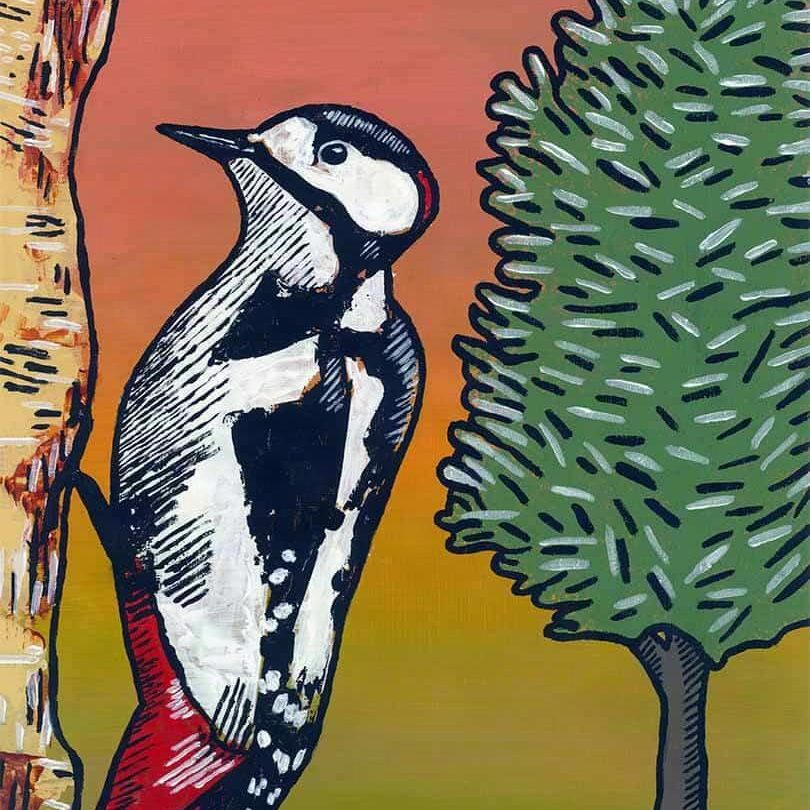 Painting of a Great Spotted Woodpecker