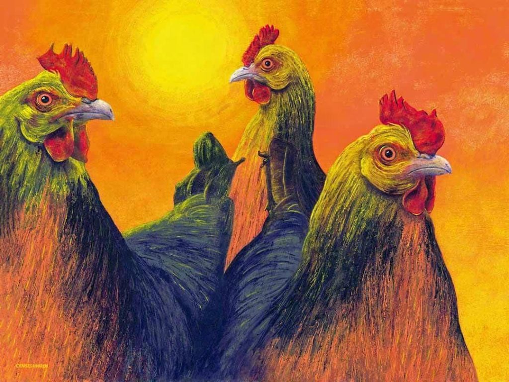 Painting of three hens outside in the sun