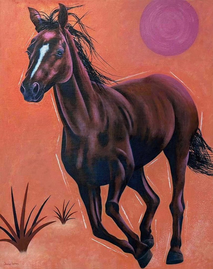 Painting of a brown horse running