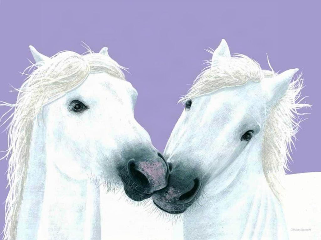Painting of two white horses in love