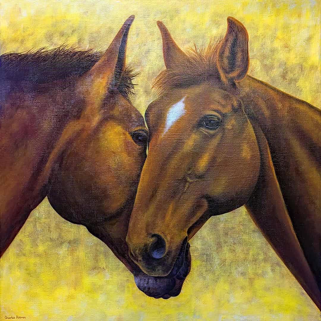 Painting of two chestnut brown horses in love