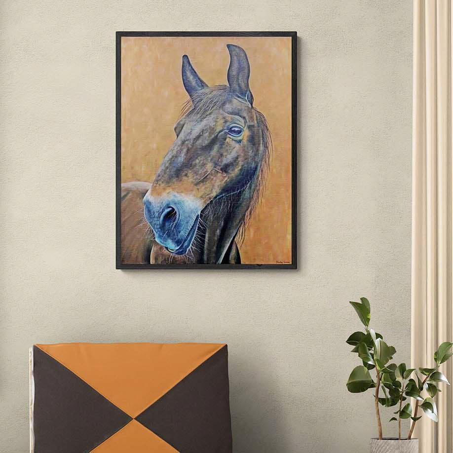 Painting of Wynner (Welsh Cob) on a living room wall