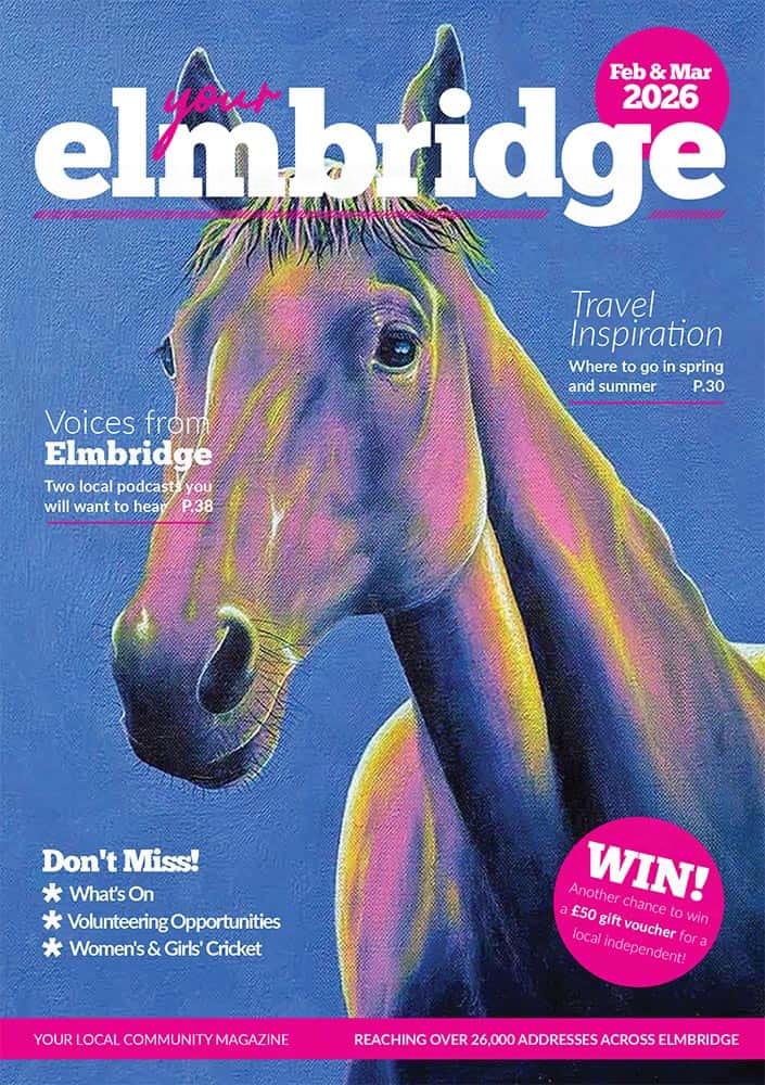 Colourful horse painting on the front cover of the YourElmbridge February-March 2026 issue