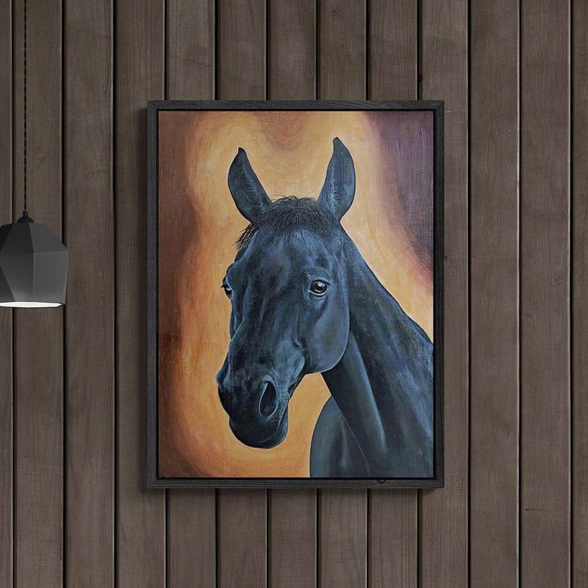 Portrait painting of a black stallion on a living room wall