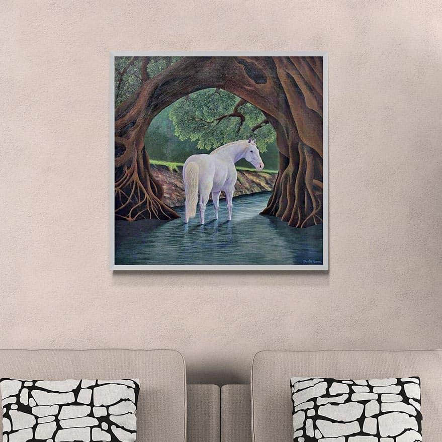 On a minimalist living room wall, a painting of a white horse under a large unusual tree