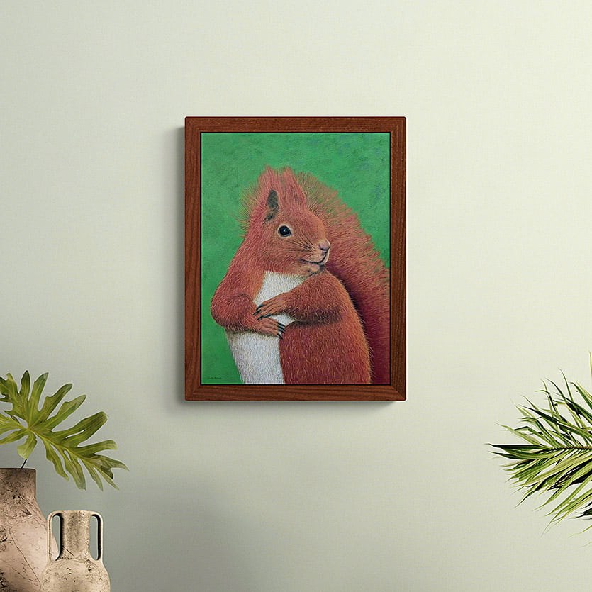 Portrait painting of a red squirrel on a wall in a living room