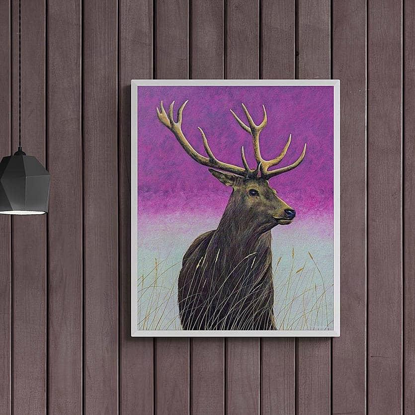 Portrait painting of a red deer stag on a living room wall