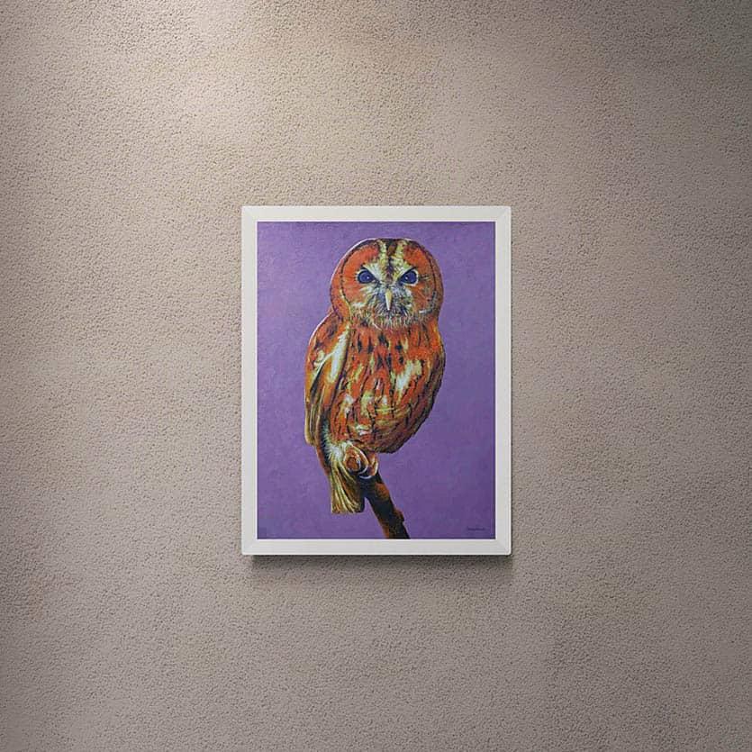 Portrait painting of a tawny owl on an interior wall