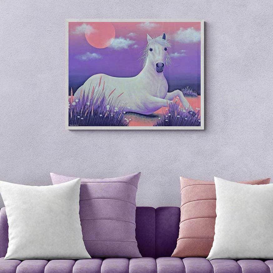 Painting of a white mare above a comfy sofa